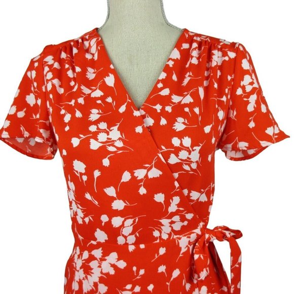 J.Crew Red and White Floral Printed Wrap Dress Size 2 Fall - Picture 2 of 7